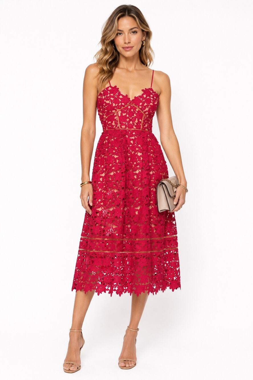 Self-Portrait Azeala Fuchsia Red-Toned Floral Lace Midi Dress Size 4 Wedding